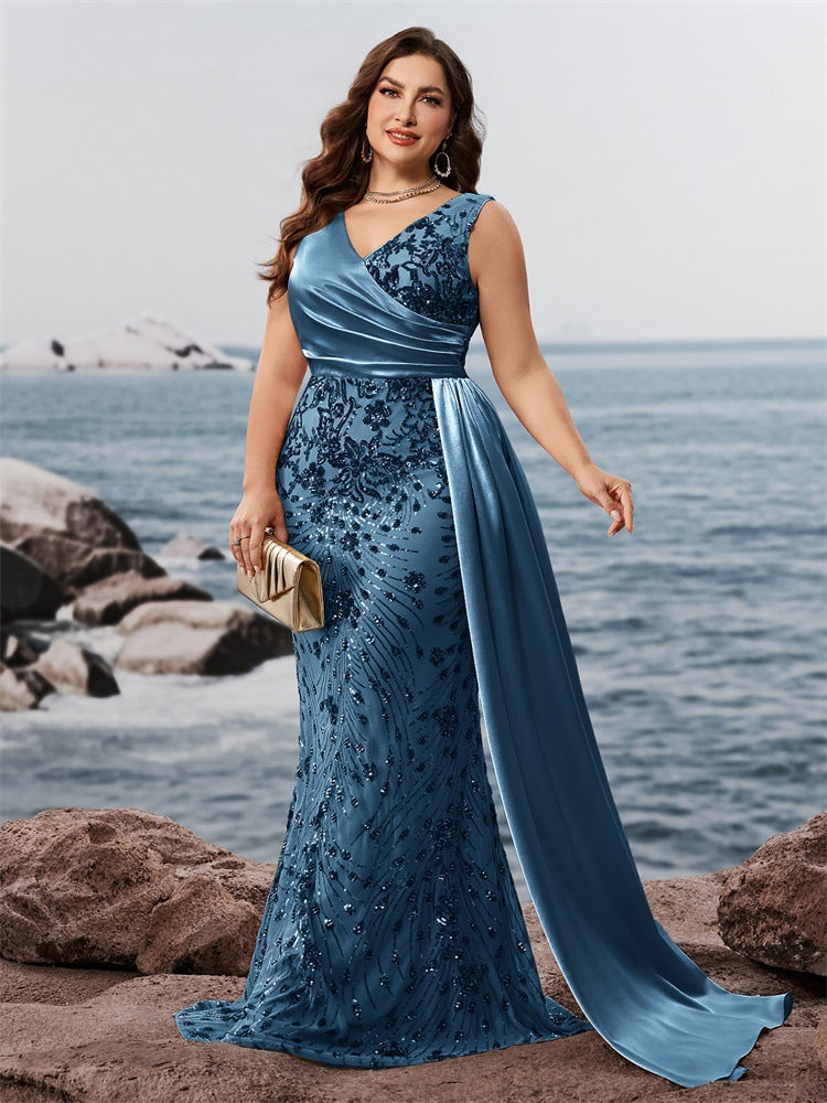 Plus Size Elegant Sequins Patchwork Fitted V-Neck Short Sleeve Cocktail Dress Bridesmaid Gown 4