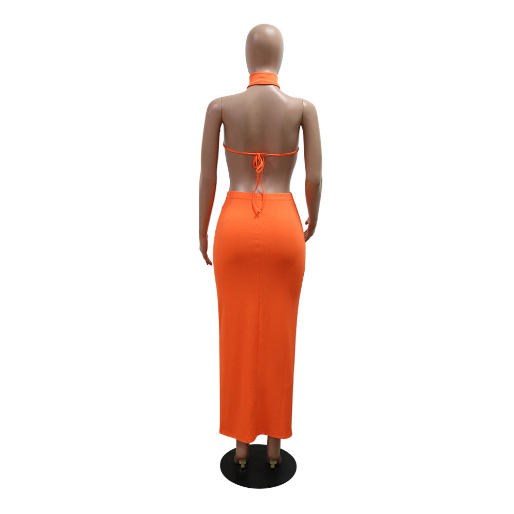 Fashion casual summer solid color sleeveless halter backless two piece skirt set 11