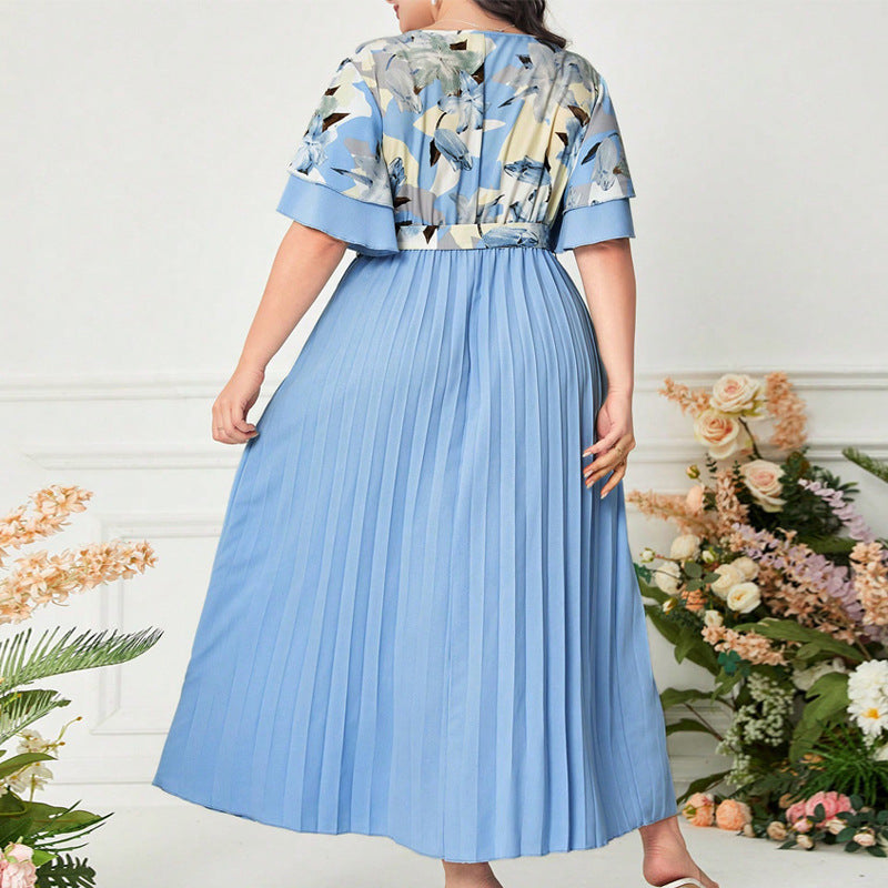 Plus size Women trendy pleated summer print v-neck dress 3