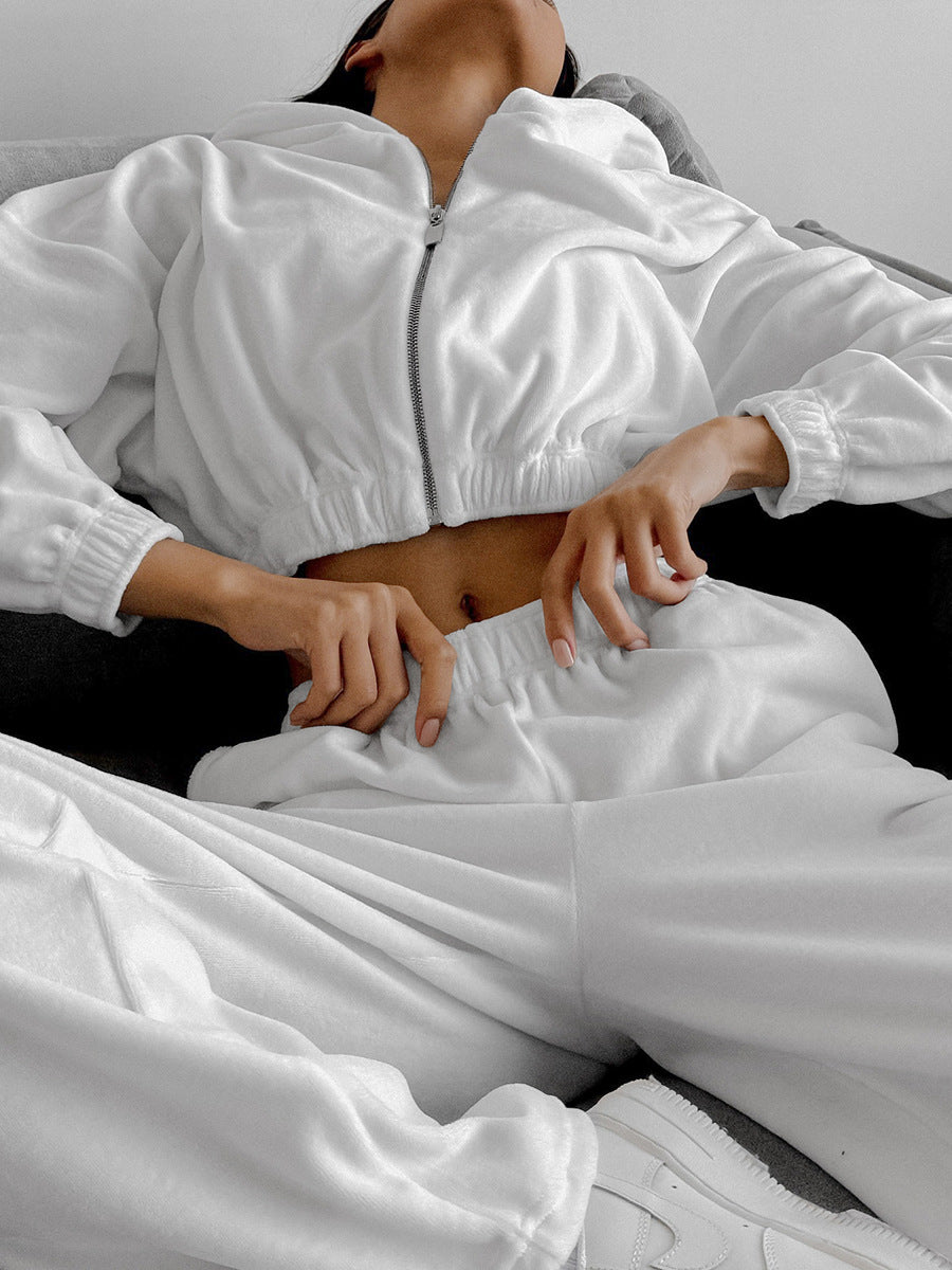 Women Autumn and Winter White Casual knitting velvet Hooded Long Sleeve Top and Pants Two Piece Set 4