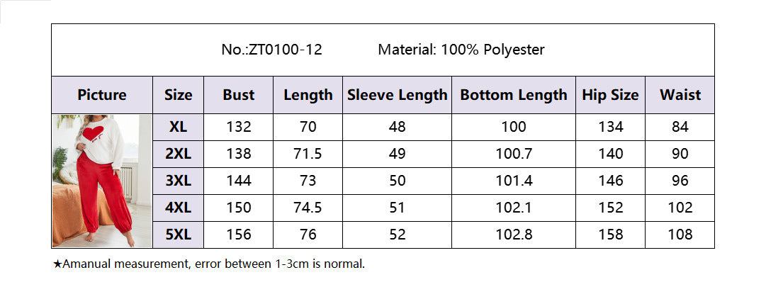 Flannel Heart Printed Casual Long Sleeves Pajamas Set Plus Size Women's Home Clothes 10