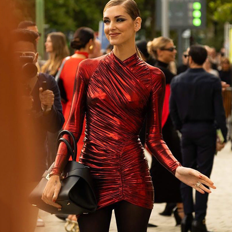 Women v-neck long sleeve sexy pleated Bodycon dress 8