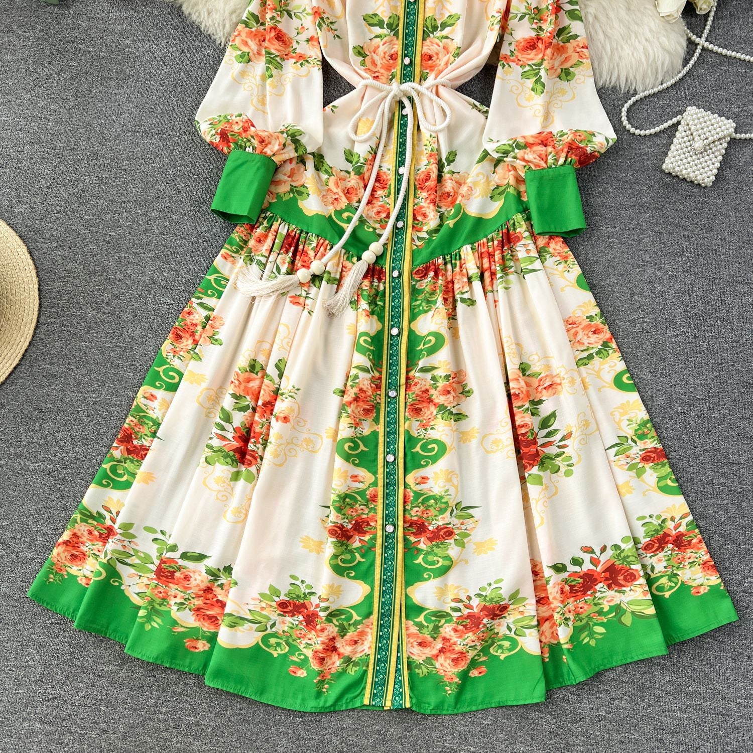 Women French retro print color matching shirt dress 21