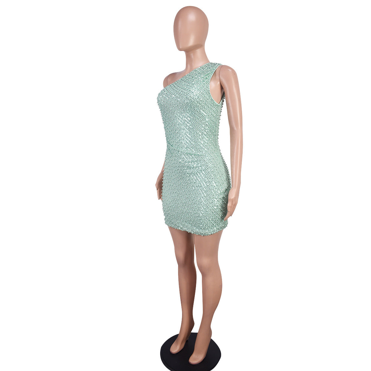 Autumn Solid Color Slim Elegant One Shoulder Sleeveless Sequin Short Dress 4