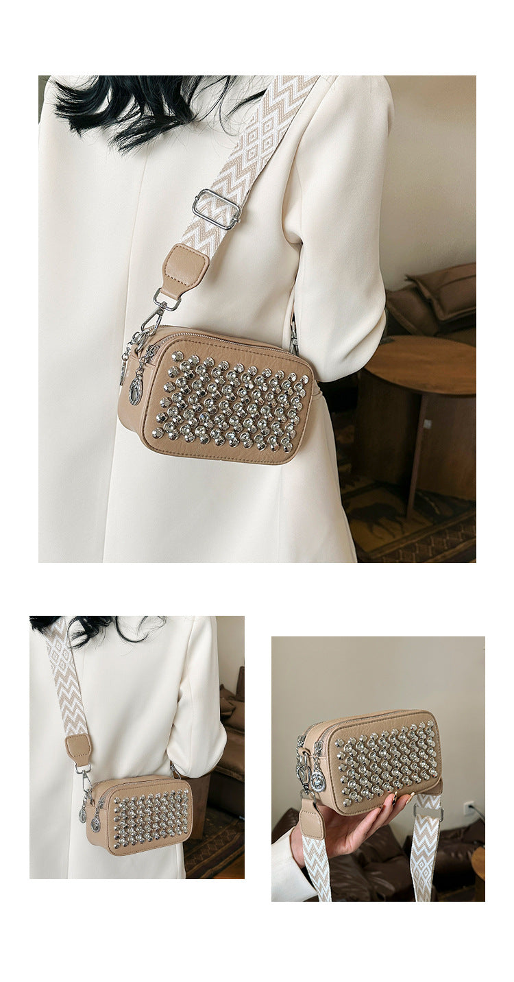 Popular Bags Fashion Rivets Trendy Women's Wide Shoulder Strap Crossbody Square Bag 16
