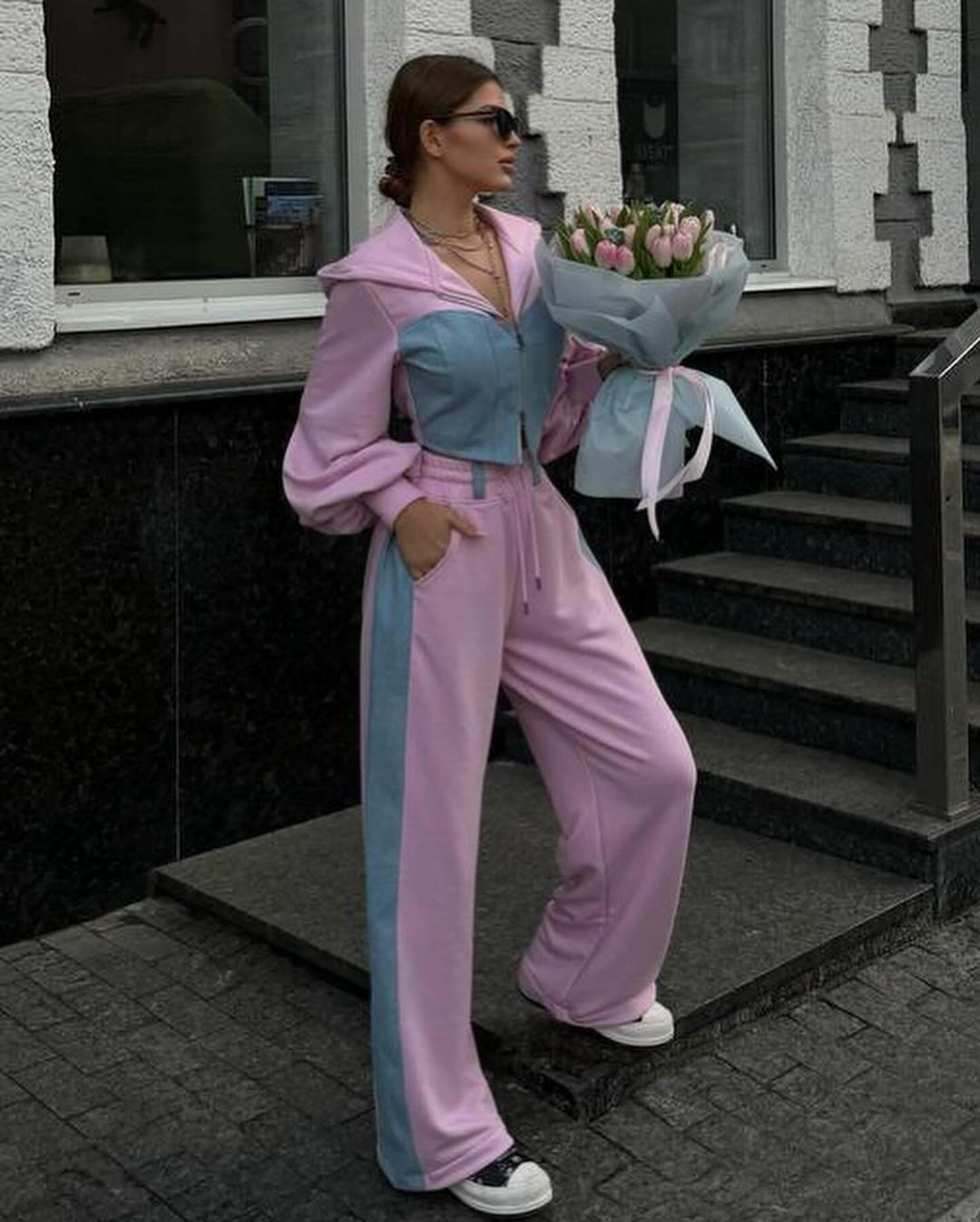 Women Casual Denim Patchwork Hooded Top Pants Two Piece Set 9