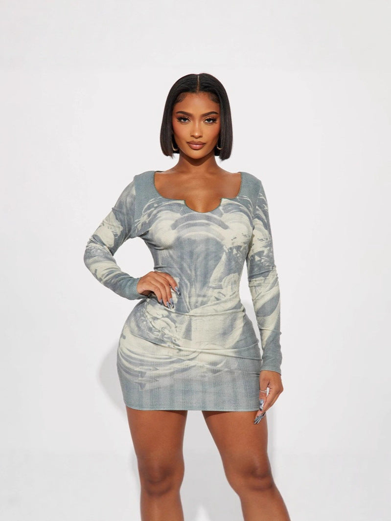 Women's Fashion Print Slim Fit Slim Waist Long Sleeve Tight Bodycon Dress 4