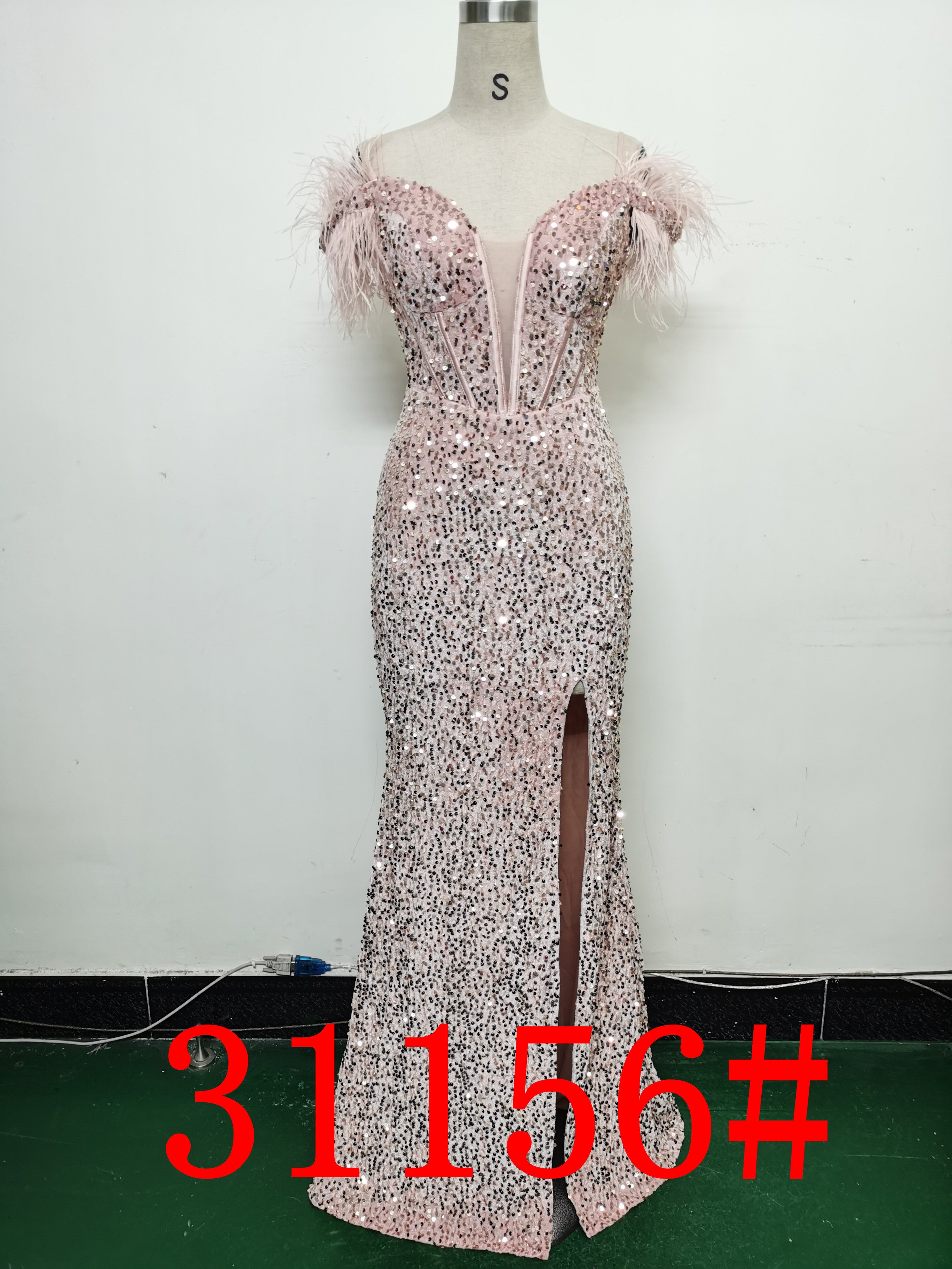 Women Herringbone ostrich velvet sequined mermaid evening dress 24