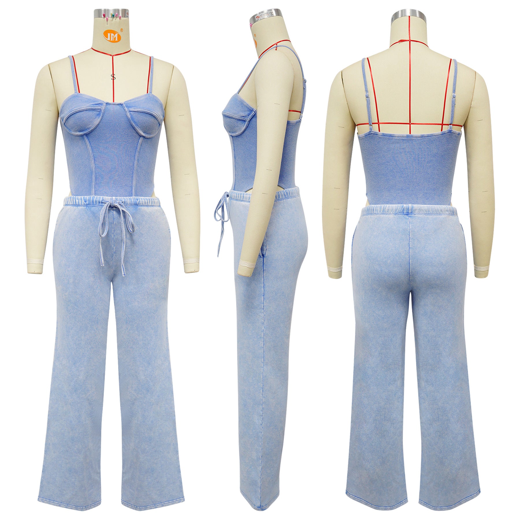 Women Sexy Cotton Washed Strapless Top and Pant Two-Piece Set 34