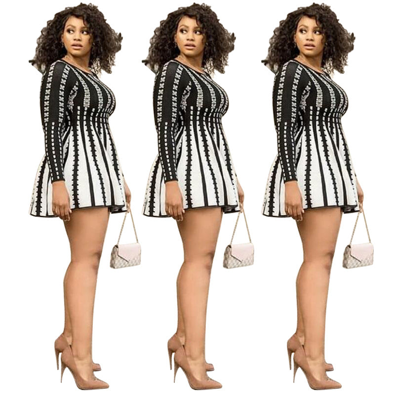 Plus Size Women Long Sleeve Round Neck Striped Dress