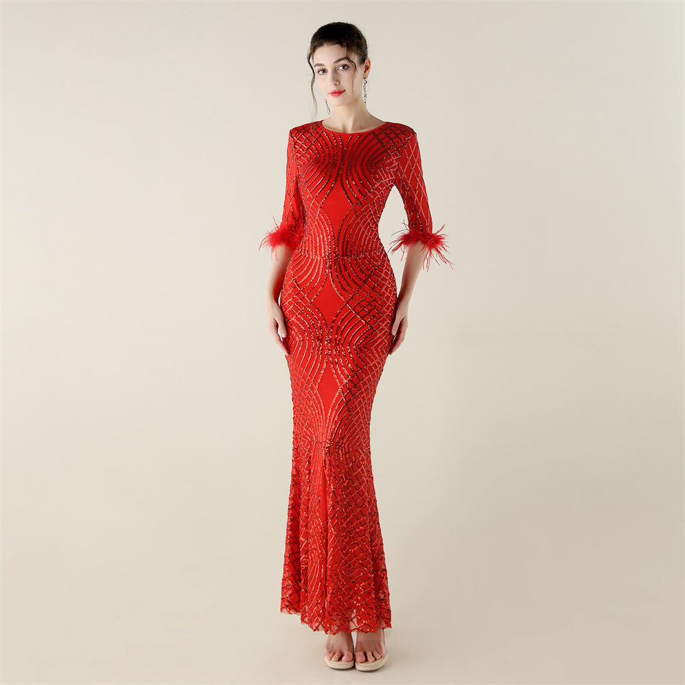 Plus Size Sequin Feather Half Sleeve Fishtail Evening Gown