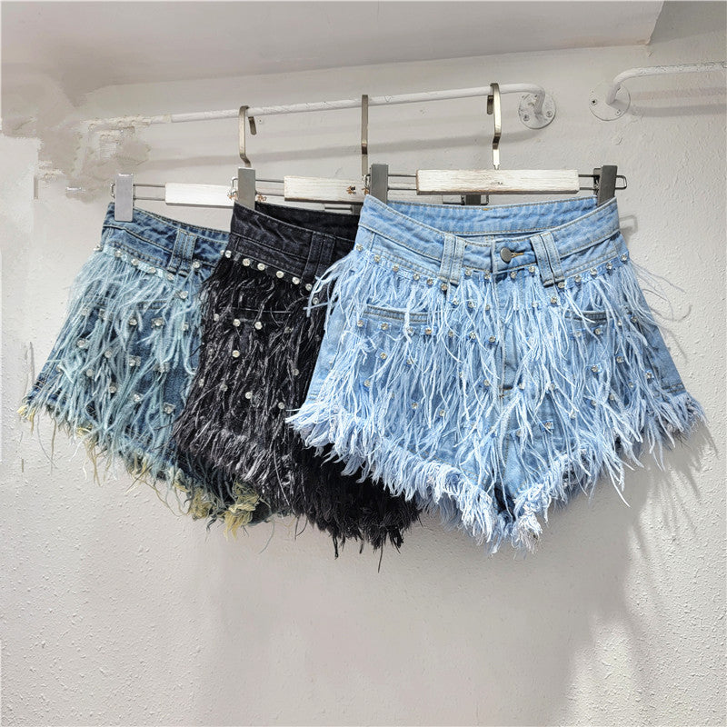Women Summer Diamond Ostrich Feather Tassel Denim Shorts 8
