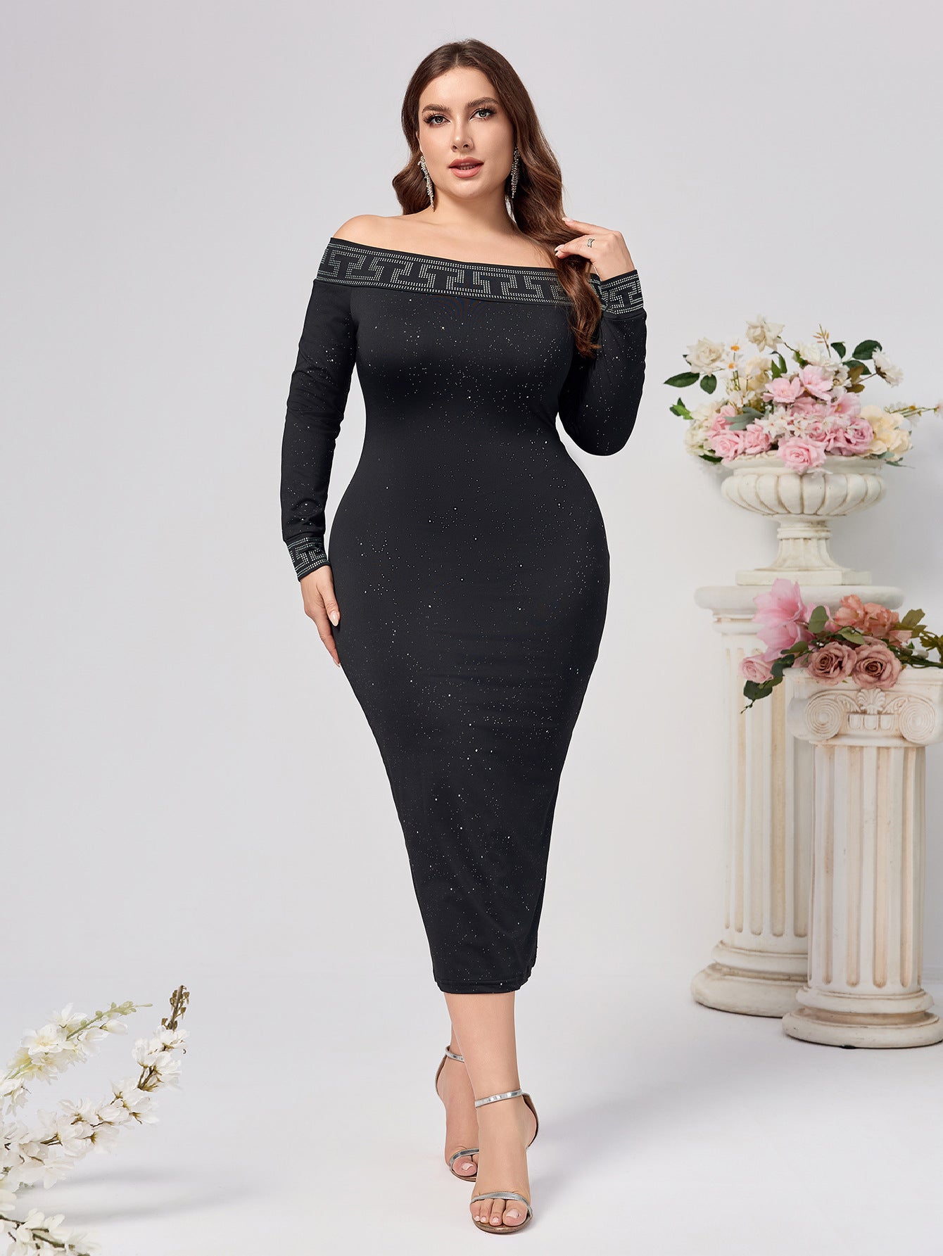 Plus Size Women Sexy Long Sleeve Sequin Off Shoulder Dress 4