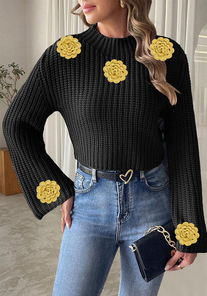 Women's Short Crop Knit Sweater Autumn Winter Crochet Patchwork Bell Sleeve Mock Neck Pullover Top