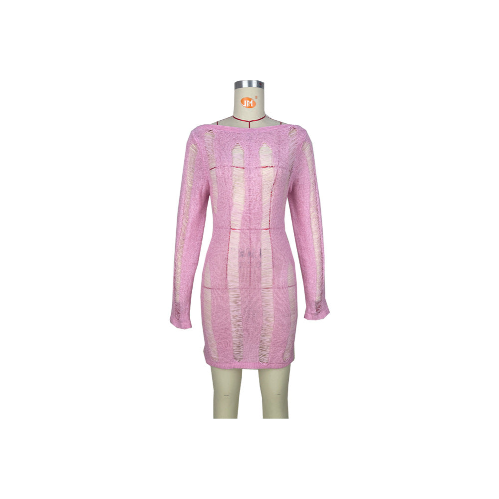 Women's Sexy Hollow Thin Long Sleeve Top Round Neck Hollow Back Dress 17