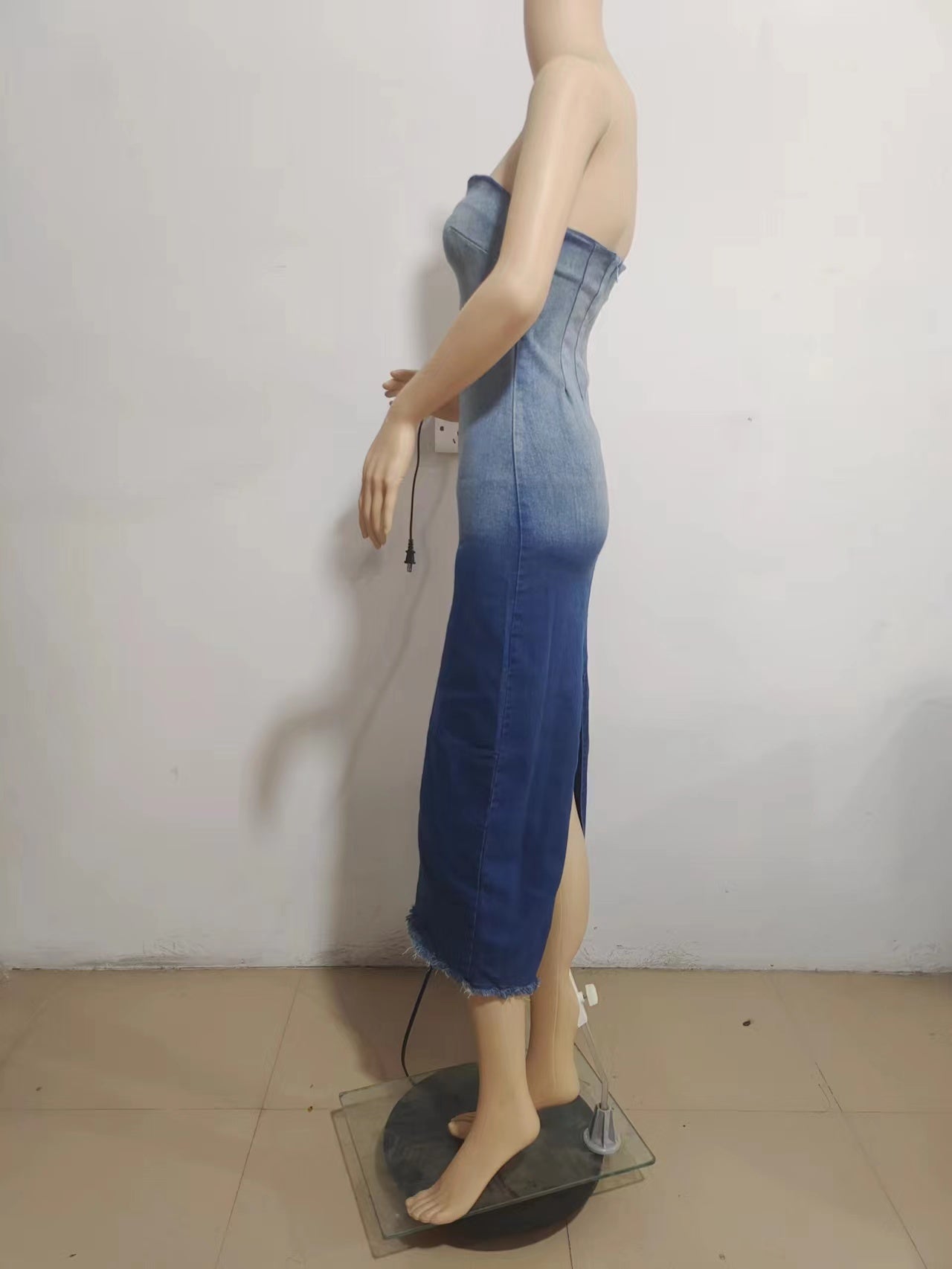 Women's Sexy Gradient Strapless Slit Bodycon Stretch Denim Dress 8