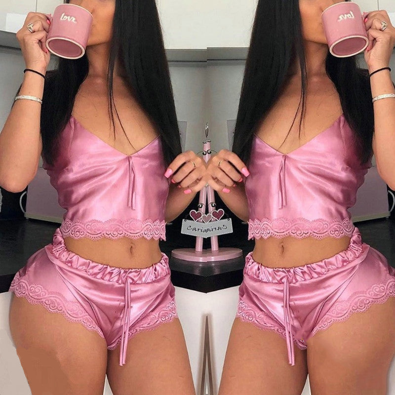 Women Sexy Sleeveless Lace Pajama Two-piece Set 7