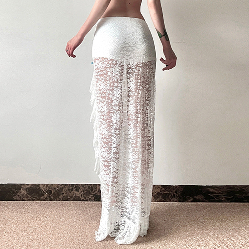 Lace Jacquard See-Through Ruffle Bow Detail Slit Skirt 4