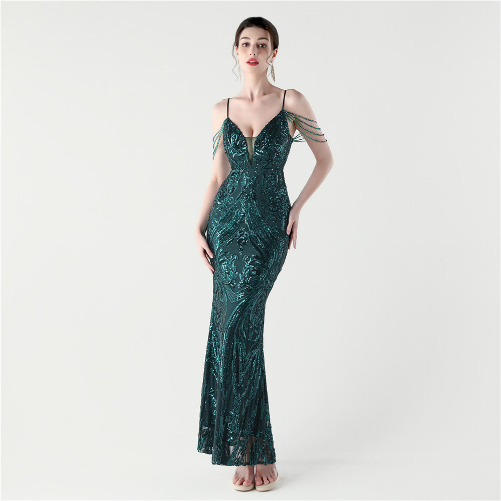 Sequin Beaded Fishtail Evening Dress Deep V Neck Formal Party Gown 8