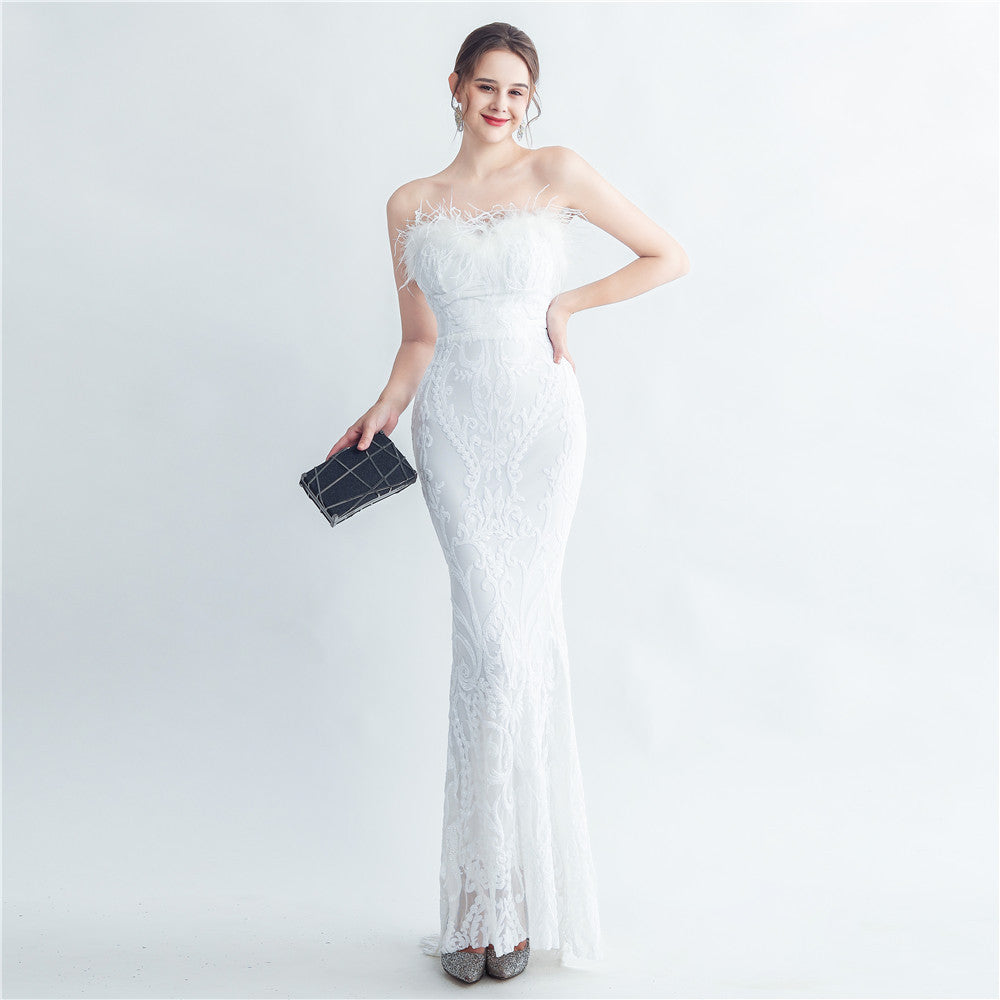 feather high-end Strapless evening dress 10