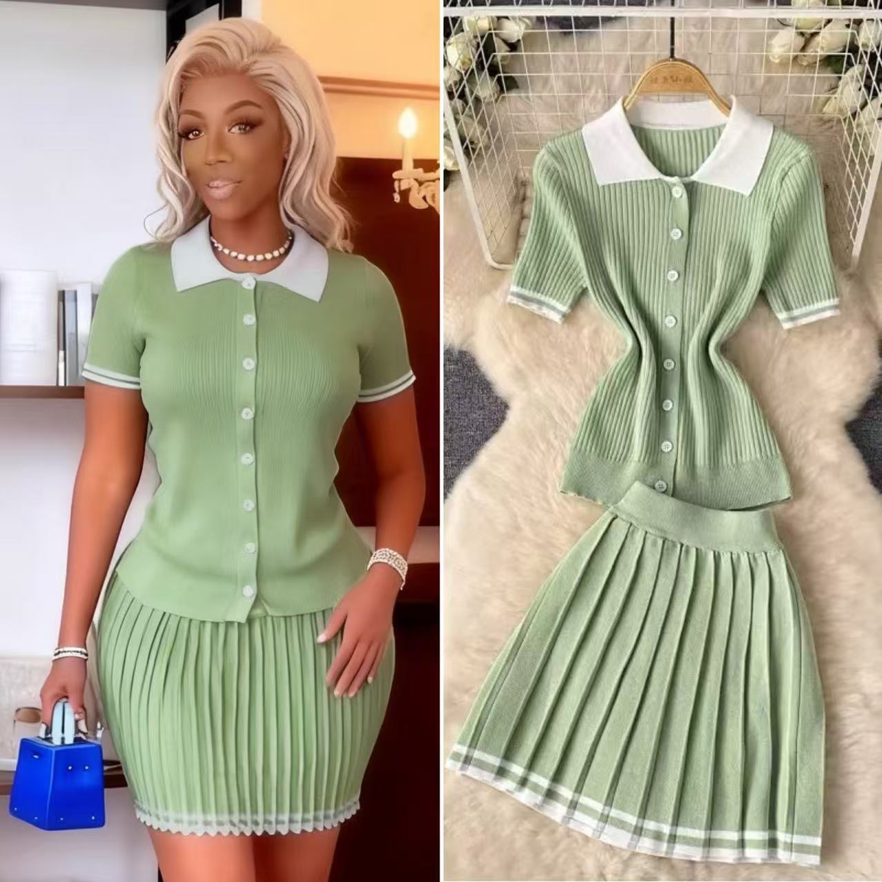 Women Contrast Color Polo Neck Short-Sleeved Top and Pleated Skirt Two-Piece Set 9