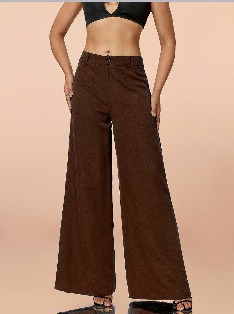 Women solid long-sleeved button blazer and wide-leg pants two-piece set