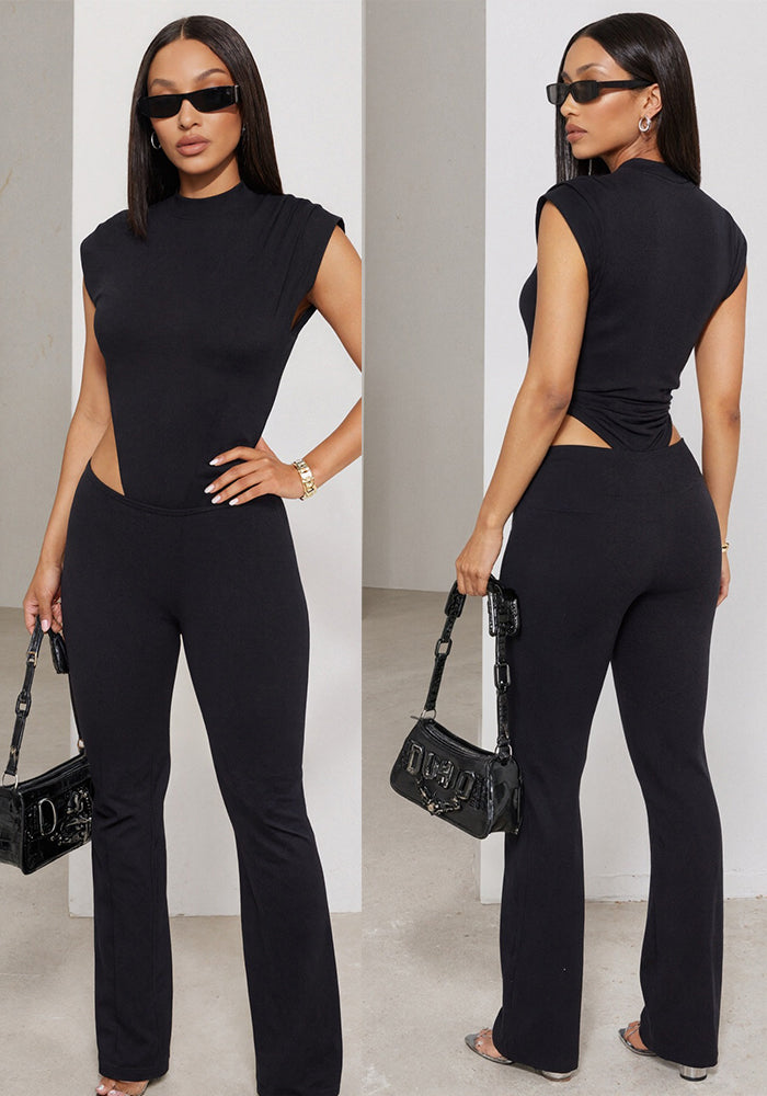 Women's Round Neck Sleeveless Side Cut-Out Black Bodysuit Top & Tight Fitting Pants Two-Piece Set