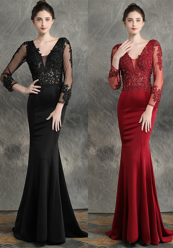 Women Beaded Long Sleeve Fishtail Evening Dress