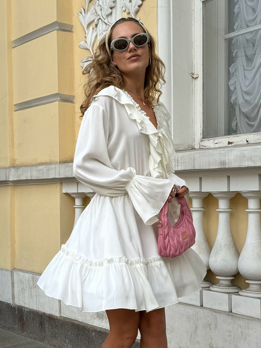 Women's Autumn Bell Bottom Sleeve V-neck Short Chiffon Dress 6