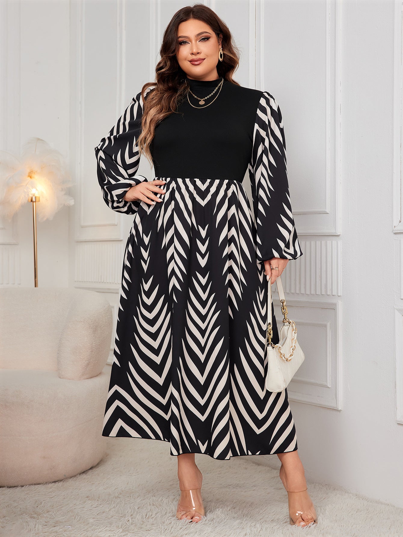 Women Patchwork Long Sleeve Autumn Elegant Puff Sleeve Maxi Dress