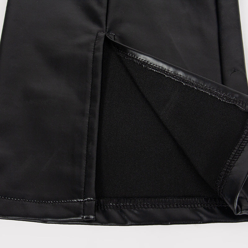 Women Fall Solid Bell Bottom Slit PU-Leather Pant 11
