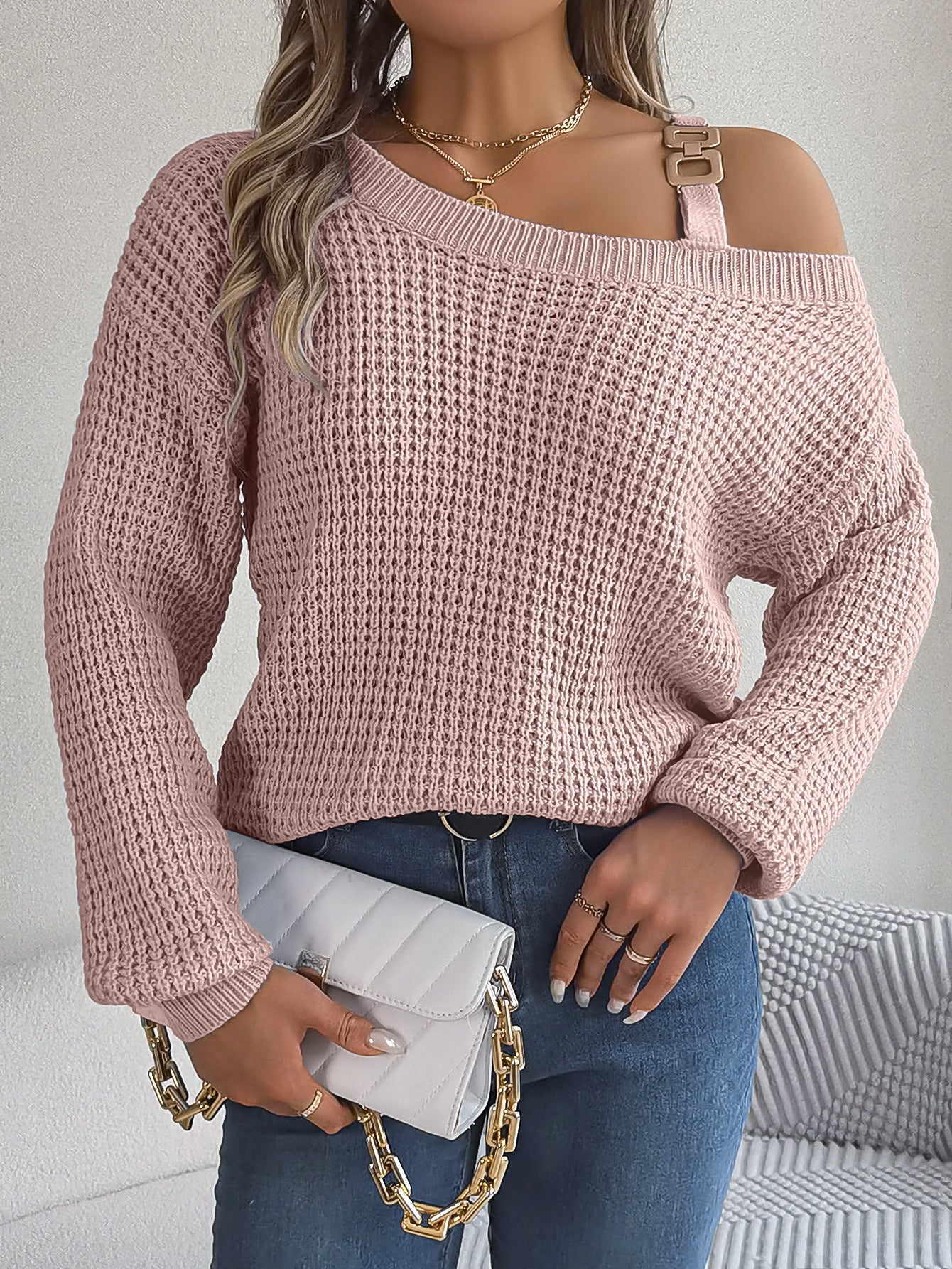 Autumn And Winter Casual Metal Buckle Strap Patchwork Balloon Sleeve Pullover Sweater 10