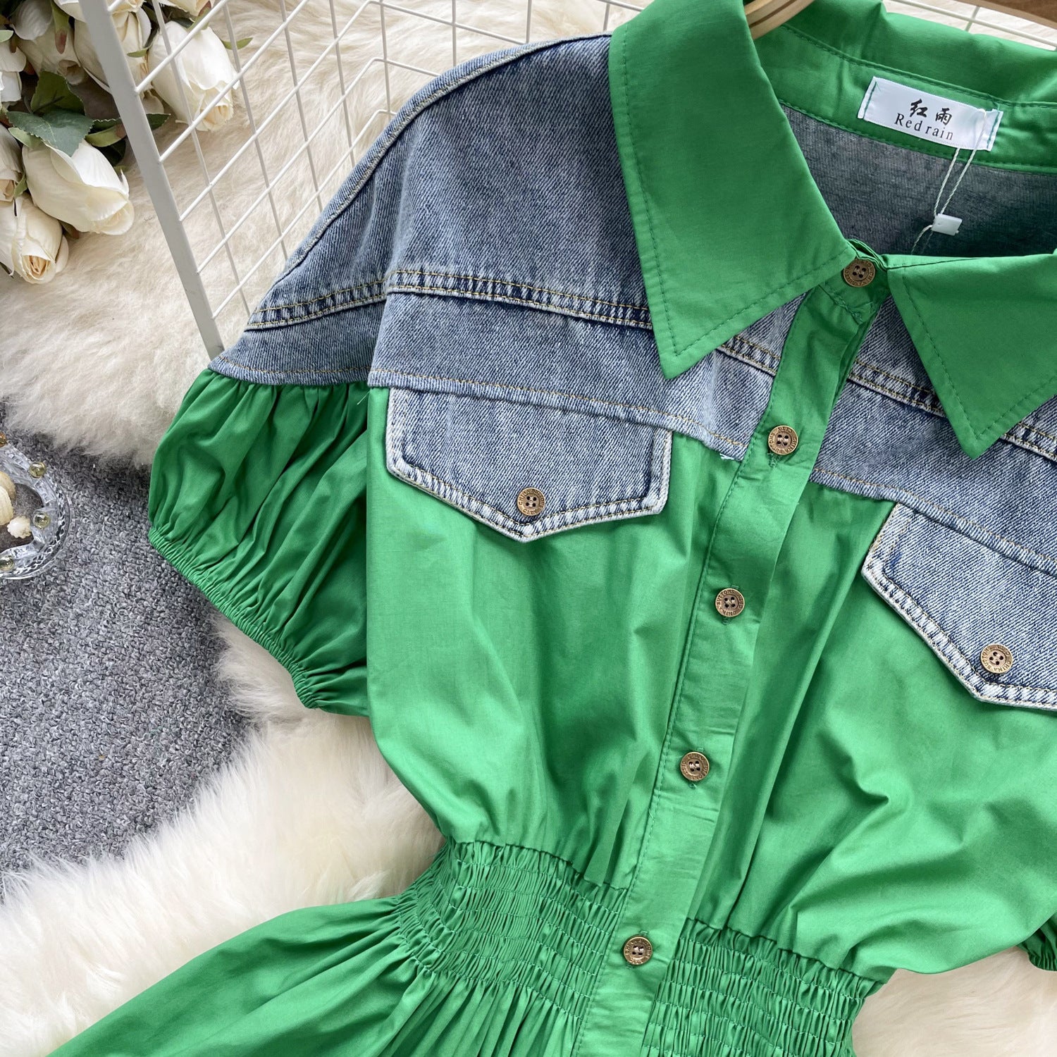 Women Contrast Patchwork Puff Sleeve Stretch Shirt 28