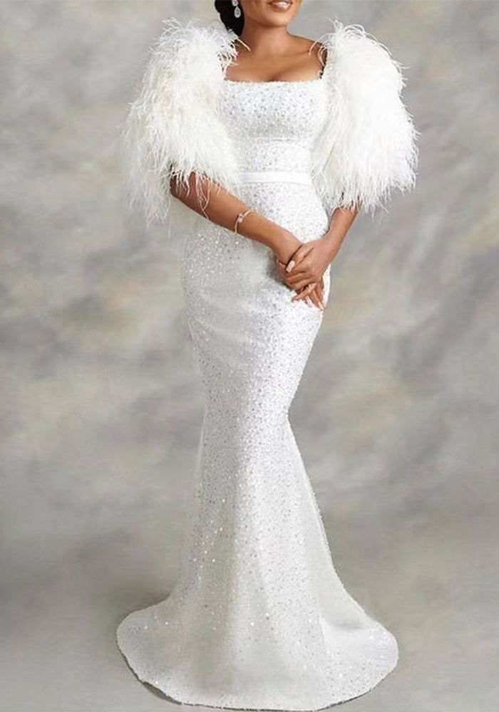 Women U-Neck Sequin Feather Sleeve Evening Dress