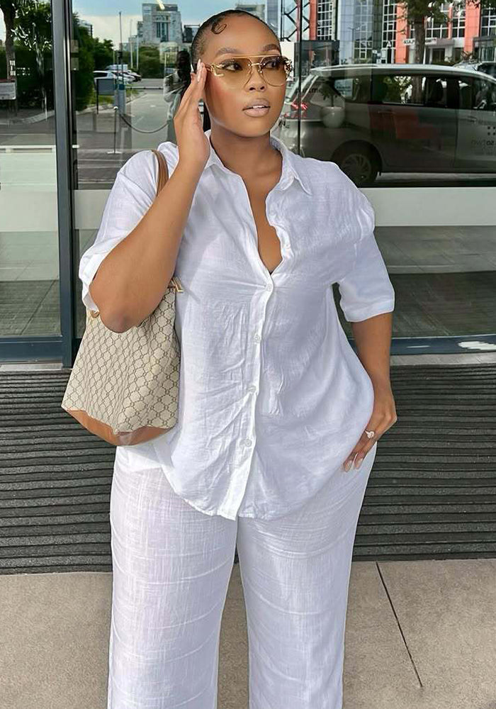 Women's short sleeve Turndown Collar shirt wide-leg trousers African two-piece set for women