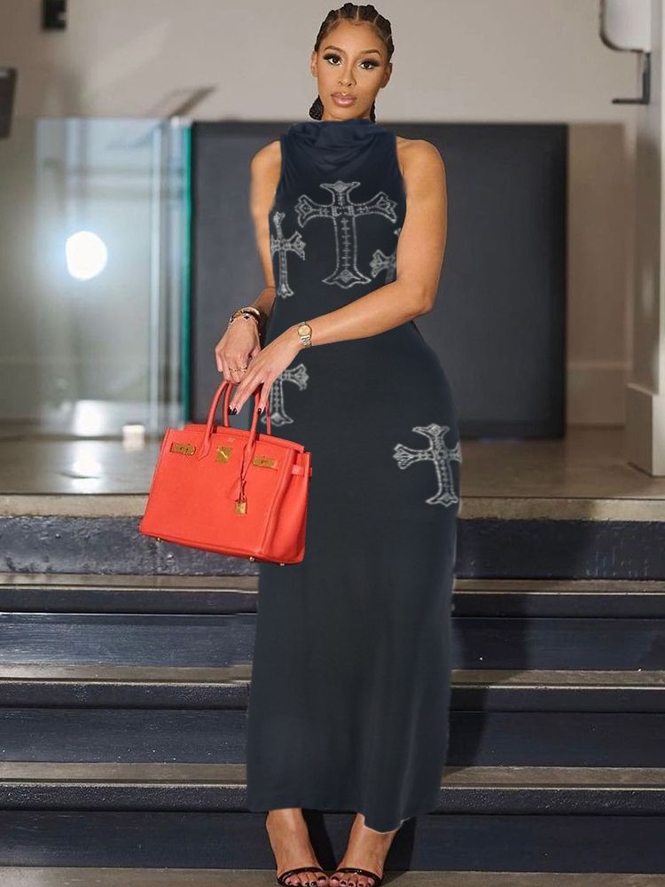 Women Cross Hot Rhinestone Style Hooded Sleeveless Maxi Dress