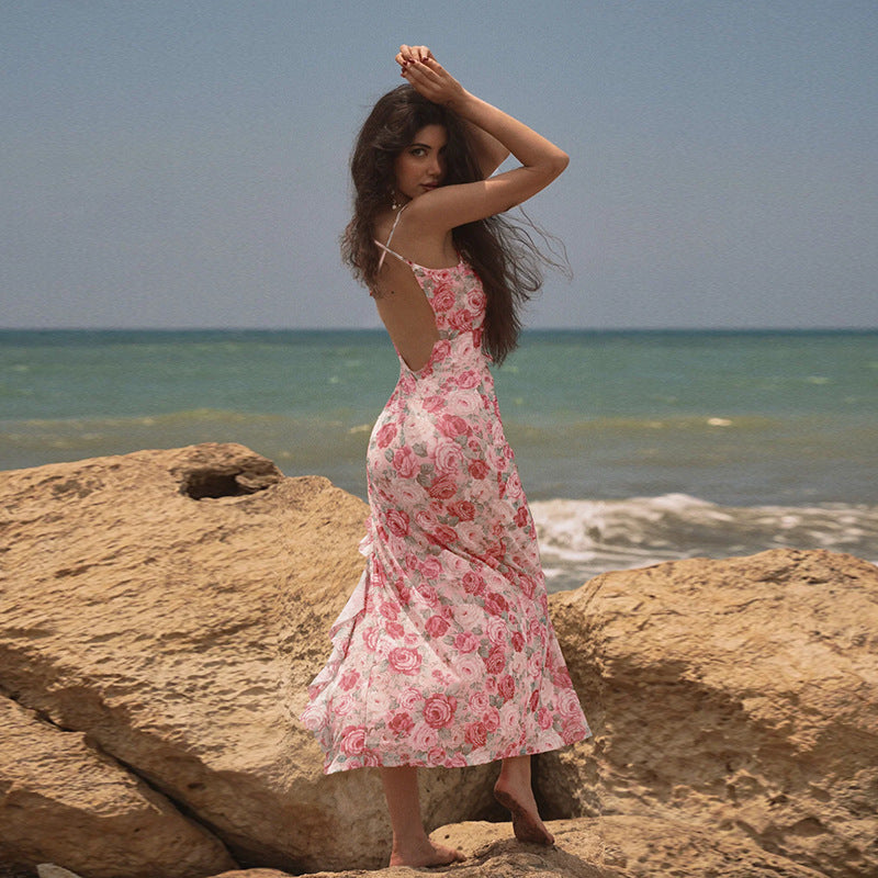 Women Spring Sexy Ruffle Floral Print Slit Dress 5