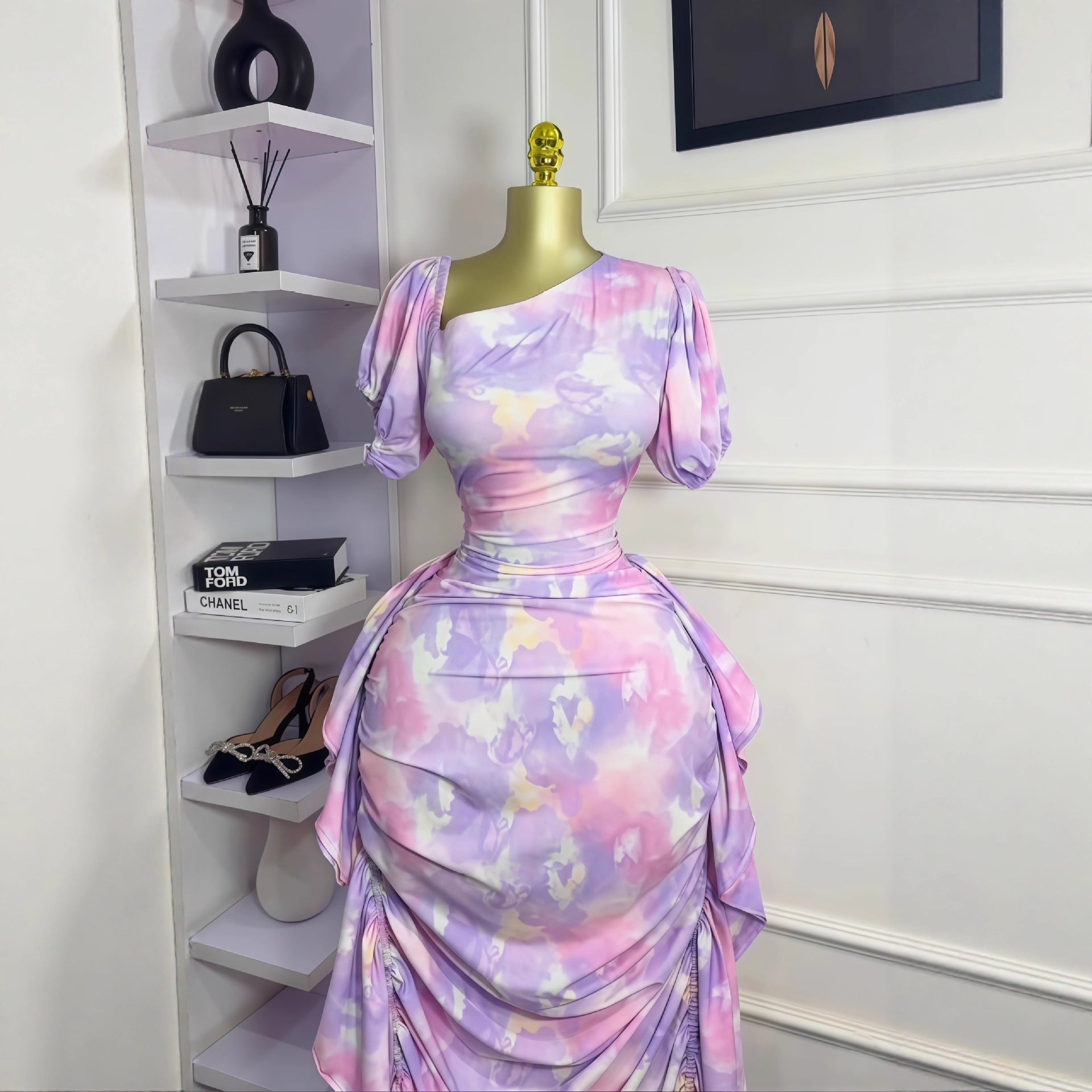 Women Puff Sleeve Slash Shoulder Printed Ruffled Dress 4