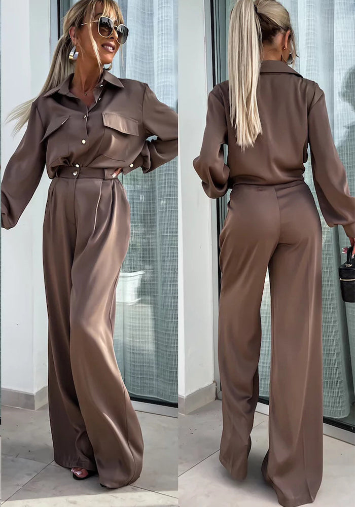 Women Long Sleeve Fake Pocket Shirt Chic Loose Pants Two Piece Set