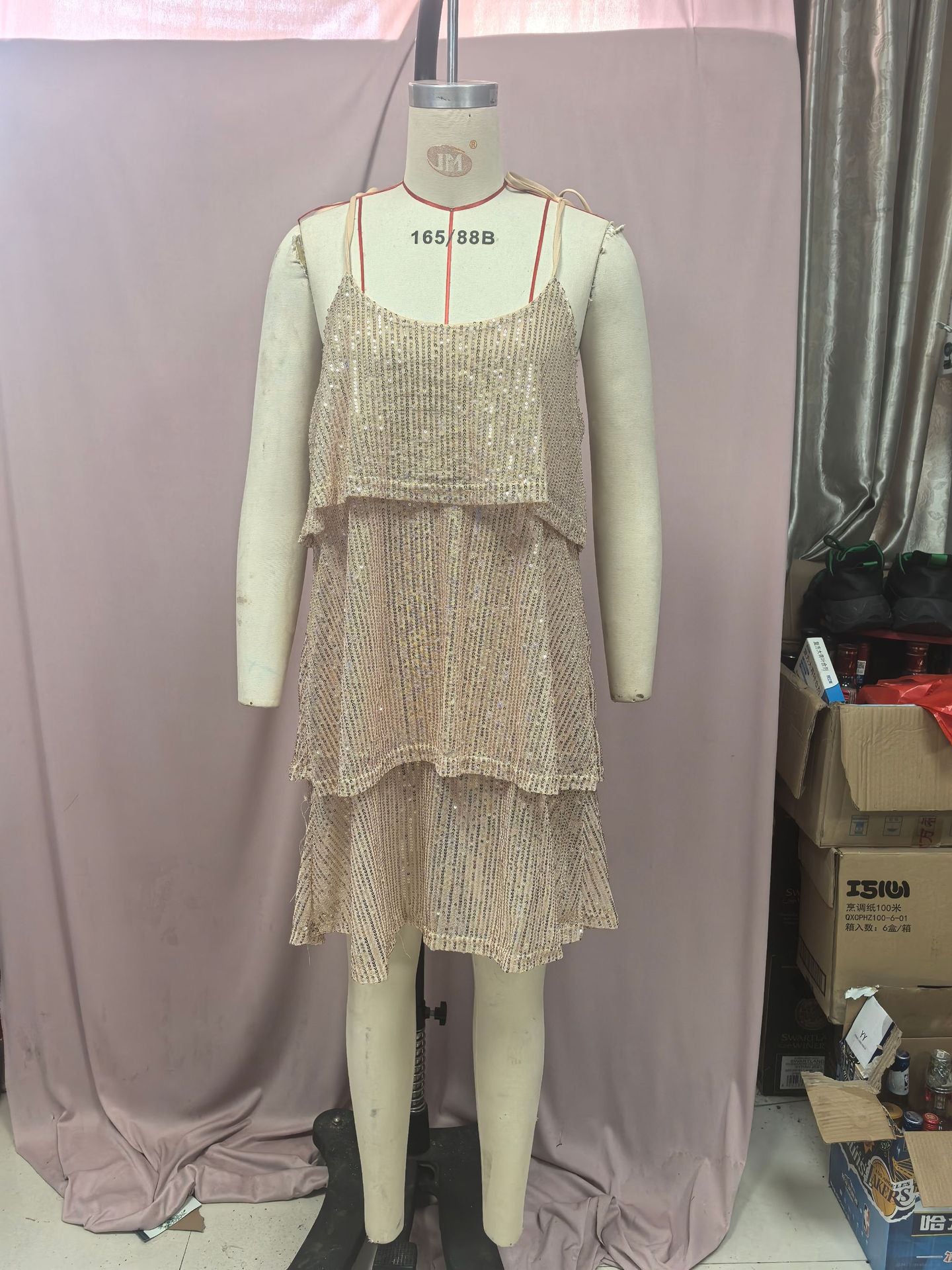 Women Sequin Sleeveless Suspender Party Cascading Ruffles Dress 6