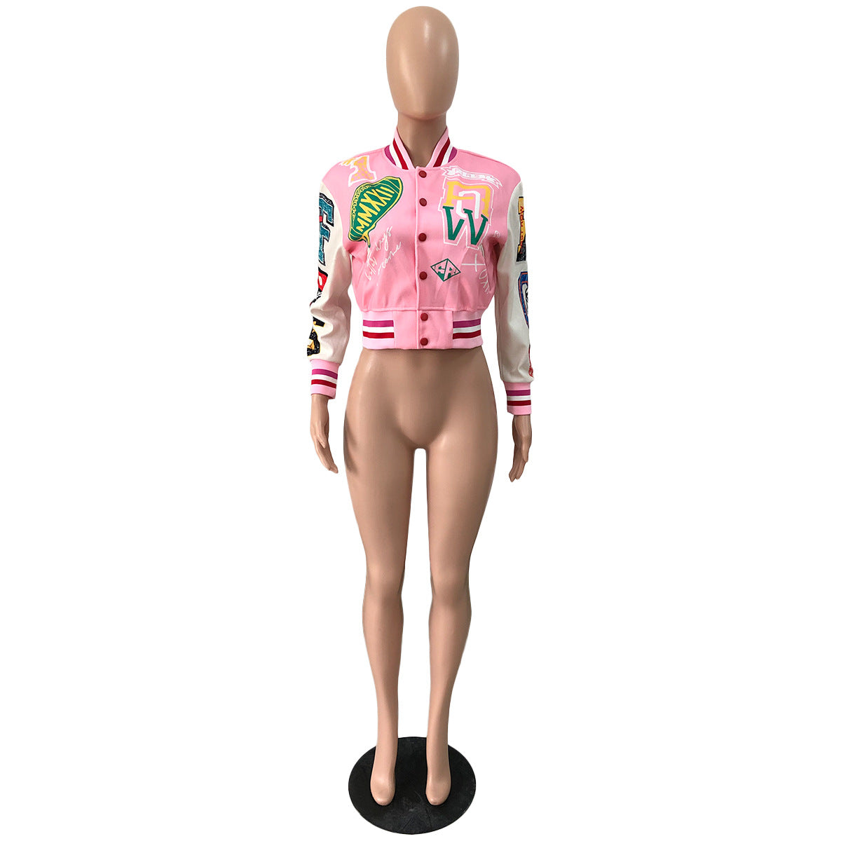 Women Ribbed Print Baseball Jacket 24