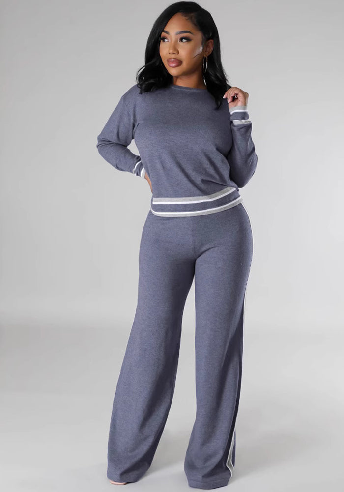 Women Fall and Winter Casual Long Sleeve Knitting Top Wide Leg Pants Two Piece Set