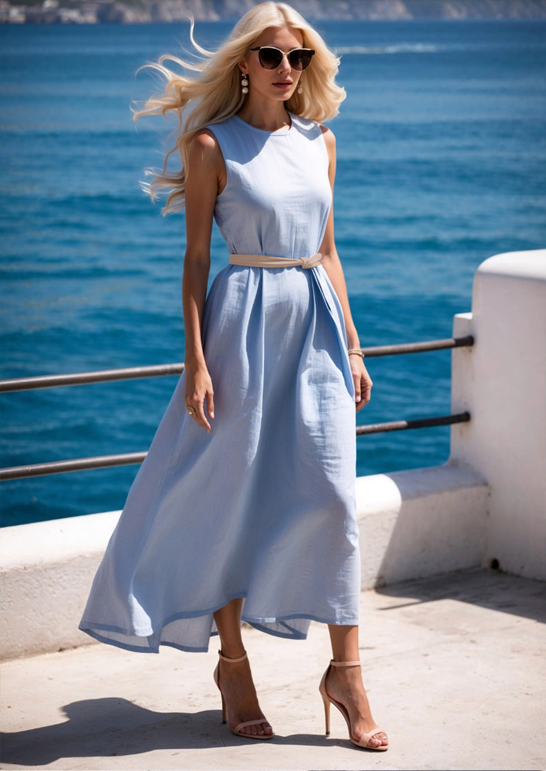 Women summer solid Dress with waist tie 4