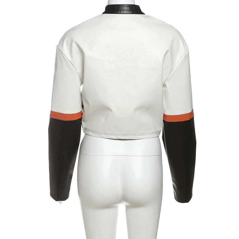 Winter Women's Fashion Sexy High Collar Zipper Contrast Color Pu Leather Jacket 7