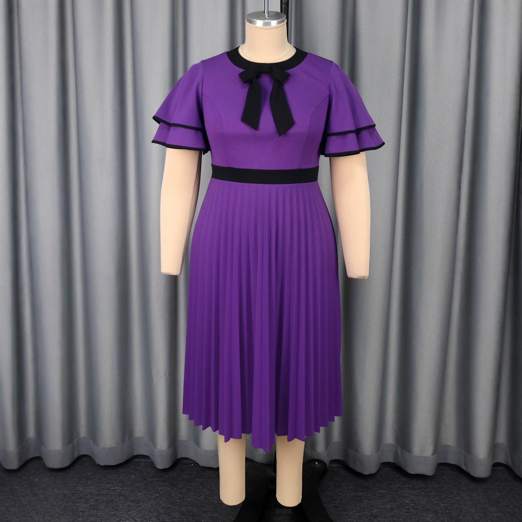 Plus Size Elegant Round Neck Bow Ruffle Sleeve Slim Waist Pleated Party Dresses 3