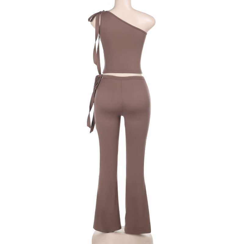 Women Spring Slash Shoulder Lace-Up Crop Top and Two Piece Set 12