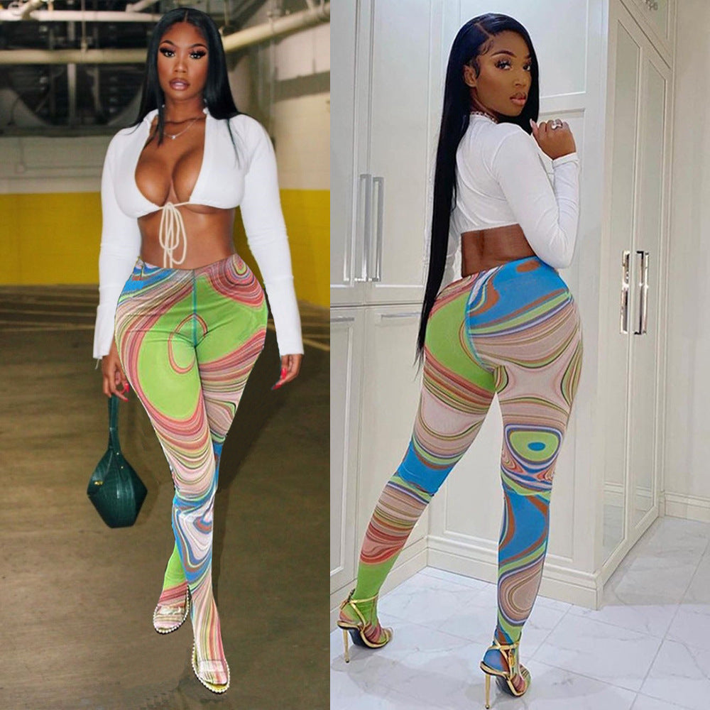 Sexy Solid Color Lace-Up Top Printed Tight slim pants two piece set 3