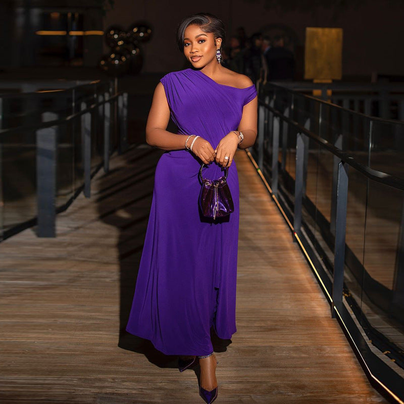 African Women Solid Off-shoulder Slit Dress