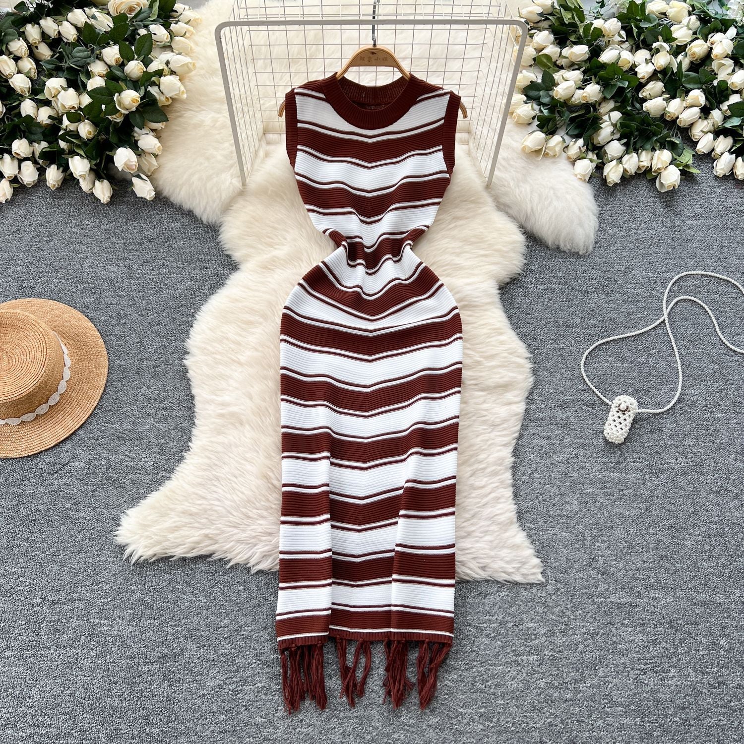 Summer Slim Round Neck Sleeveless Color Matching Striped Knitting Bodycon Tassel Dress 3