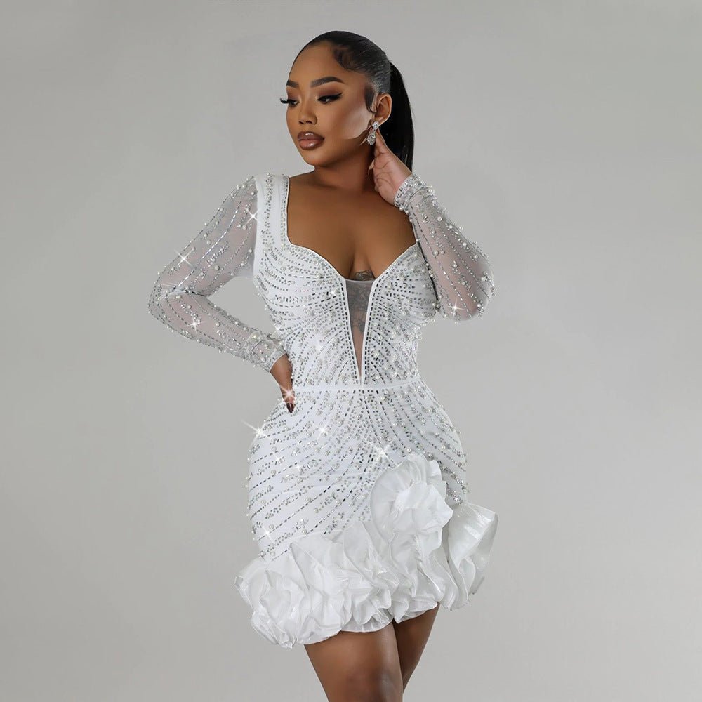 Women Beaded Long Sleeve Square Neck Dress 4